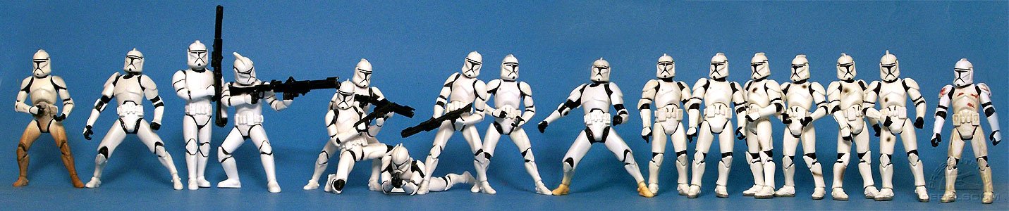 <i>Attack of the Clones</i> Clone Trooper Evolution:<br>Sneak Preview | 2002 Deluxe | Bootlegs (Marching - Shooting) | Clone Trooper Army | Bonus Repaint | 2003 Deluxe | Trooper 03-50 | Clean Trooper | Dirty Troopers | Evolutions