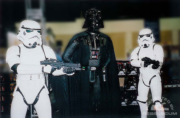 Life-sized statues of Darth Vader and Stormtroopers stand guard